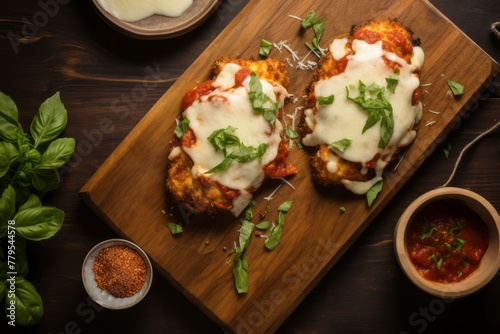 Tempting chicken parmesan on a wooden board against a coffee sack fabric background