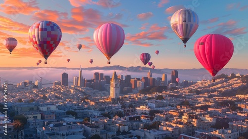 Magical hot air balloons floating over a city AI generated illustration