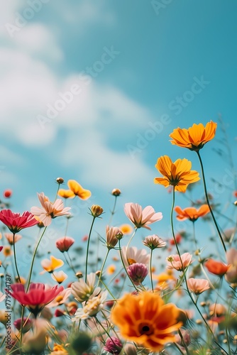 beautiful colorful flowers against a clear blue sky with clouds above them © Wirestock
