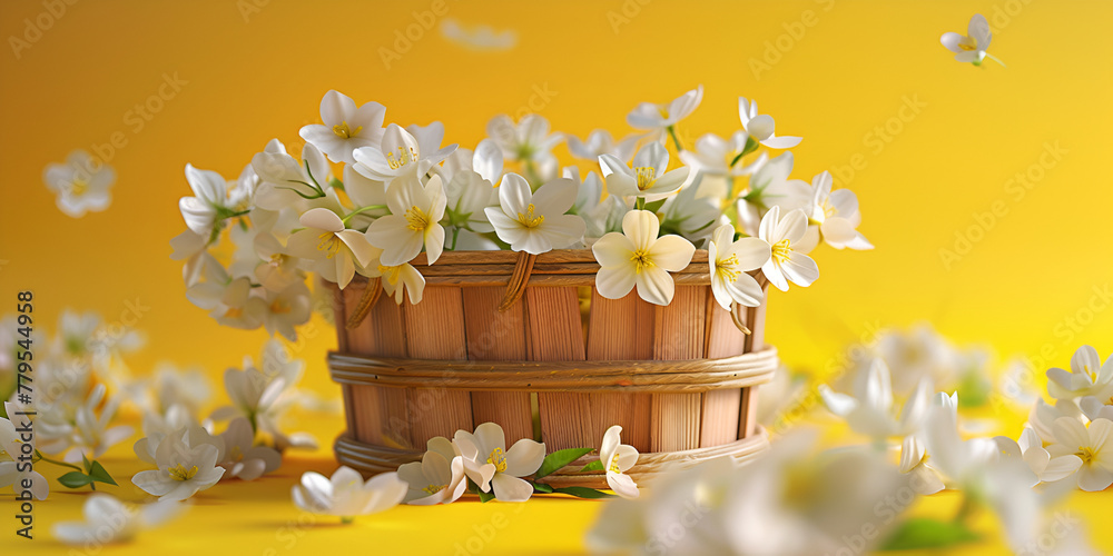 A basket of flowers with white flowers on a yellow background 