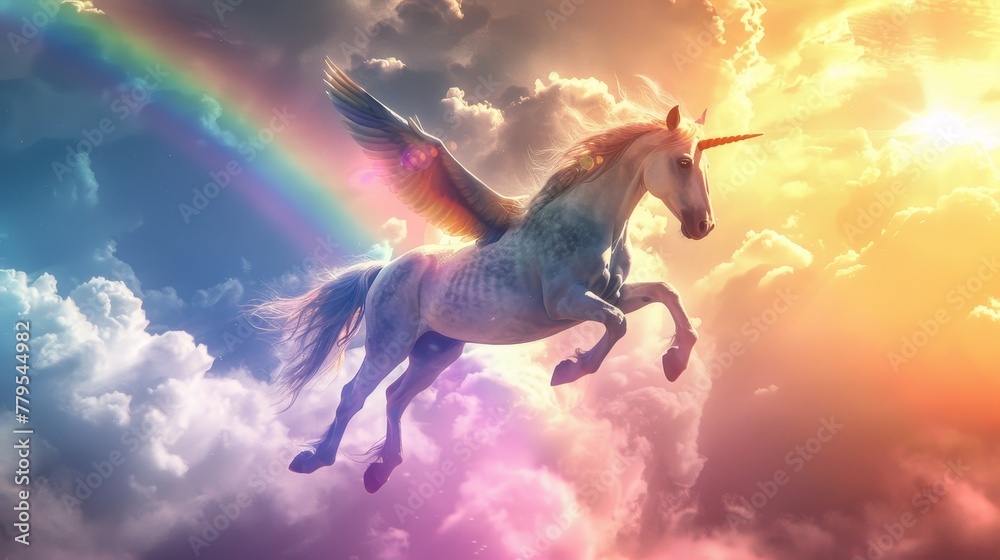 Fototapeta premium Magical unicorn flying over a rainbow AI generated illustration