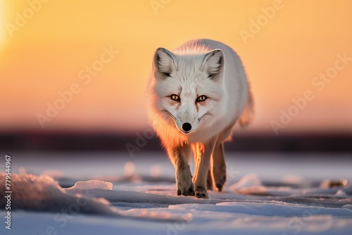 AI generated illustration of A white fox standing in the center of a  winter landscape at dusk. © Wirestock