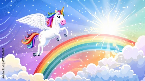 Magical unicorn flying over a rainbow  AI generated illustration