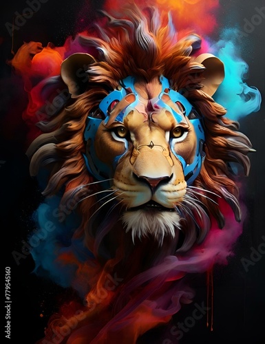 AI generated illustration of a majestic lion adorned with a vibrant  eye-catching headdress