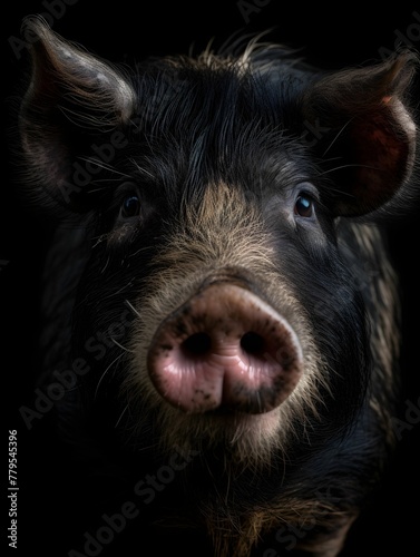 AI generated illustration of a wild boar portrait under the lights against a black background