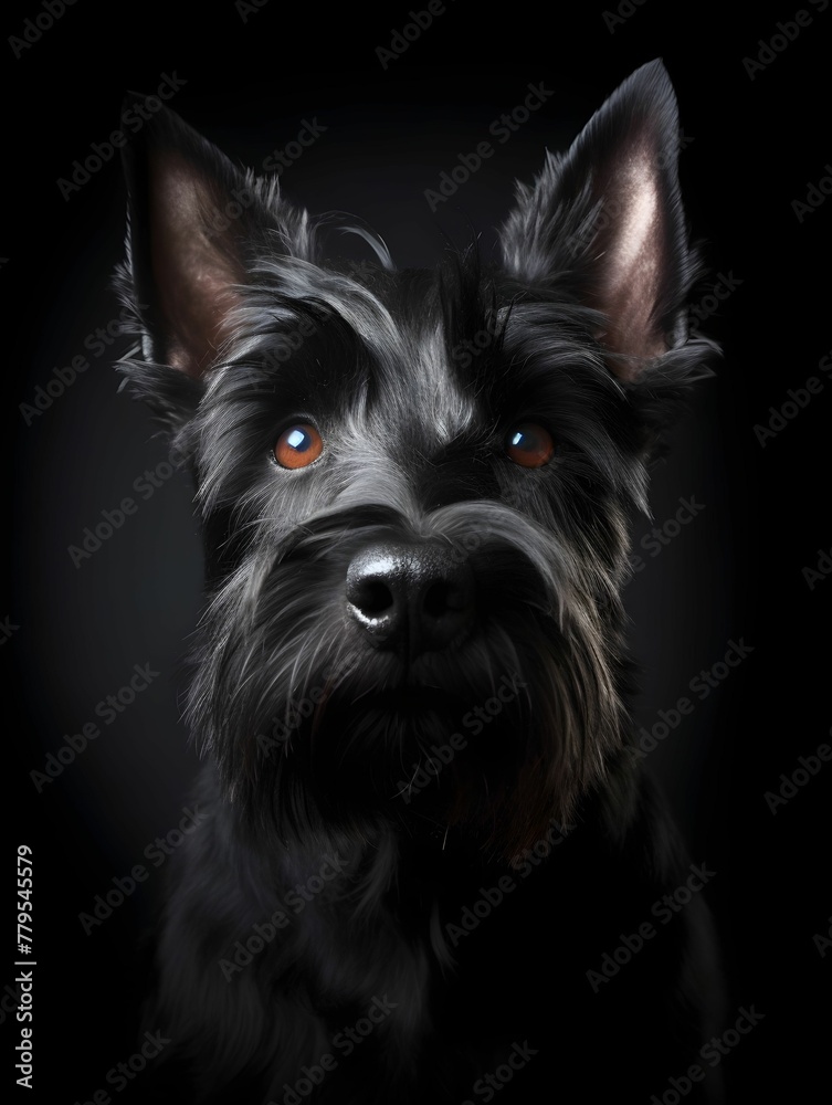 AI generated illustration of a Scottish terrier portrait under the lights against a black background