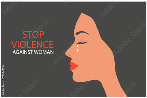 Stop violence against woman concept for the International Day for the Elimination of Violence against Women, woman crying face vector illustration