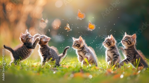 Playful kittens chasing butterflies AI generated illustration