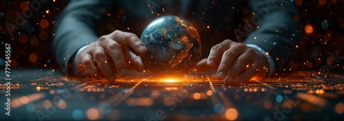 AI-generated illustration of a businessman's hands touching a luminous world globe