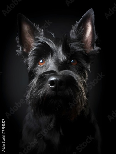 AI generated illustration of a Scottish terrier portrait under the lights against a black background