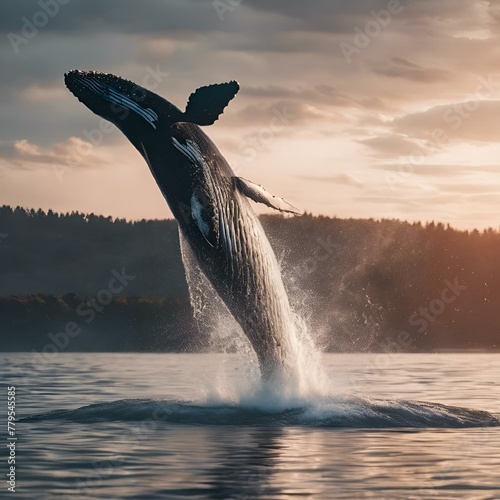 Whale leaping in sunset waters, AI-generated.