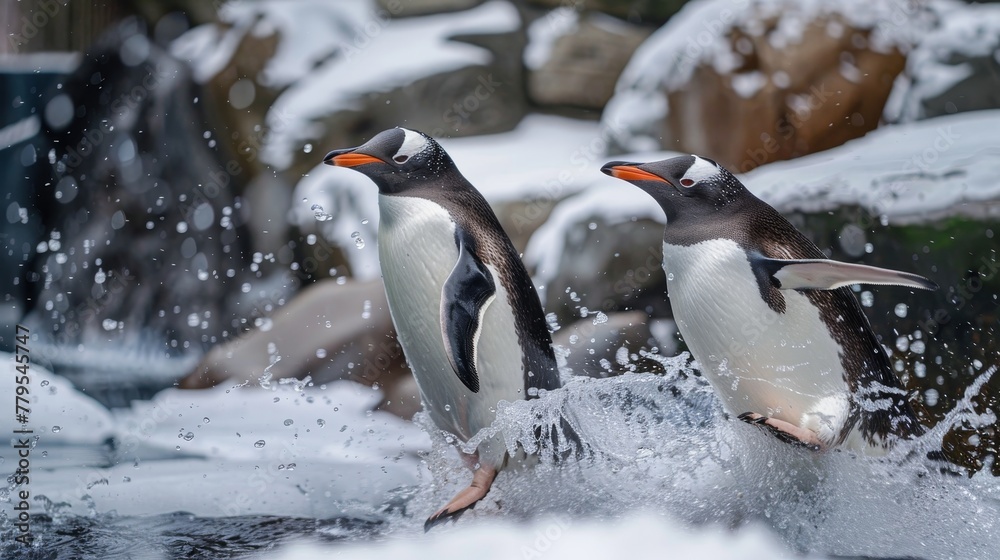 Obraz premium Playful penguins sliding on ice AI generated illustration