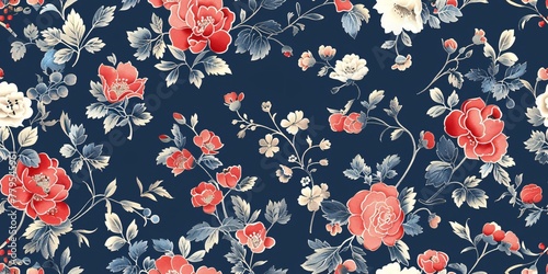 Elegant Retro Red Flower Design on Blue Background Spring Blossom Timeless Delicate Floral Repeating Print.
