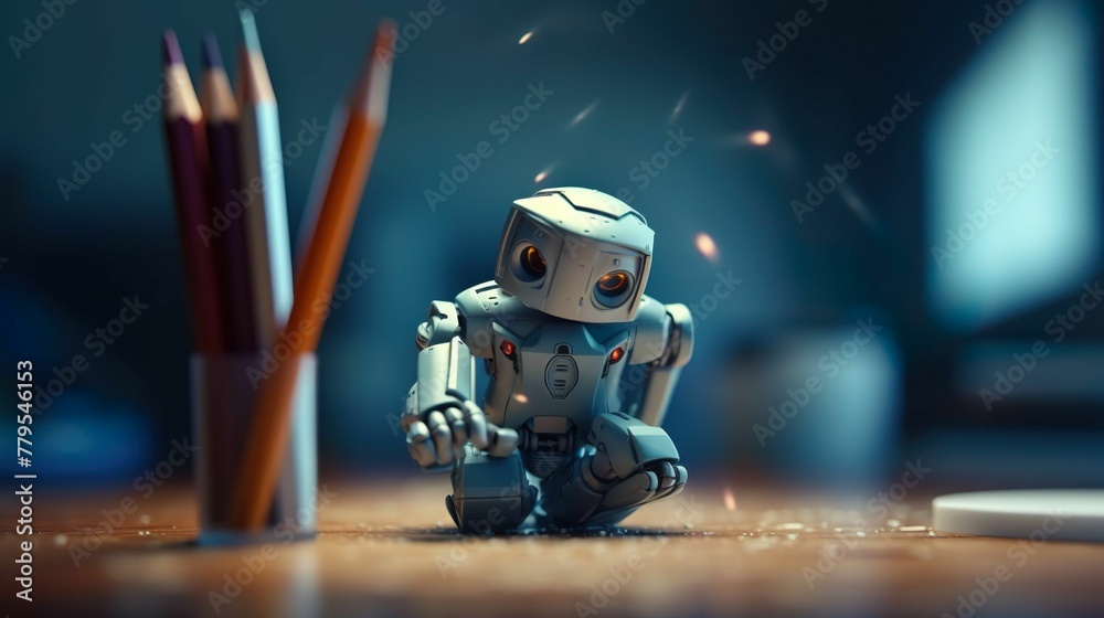 AI generated illustration of a small robot next to several pencils