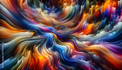 for advertisement and banner as Chromatic Currents Flowing colors create a dynamic backdrop resembling the currents of a chromatic river. in abstract digital wallpapers theme ,Full depth of field, hig