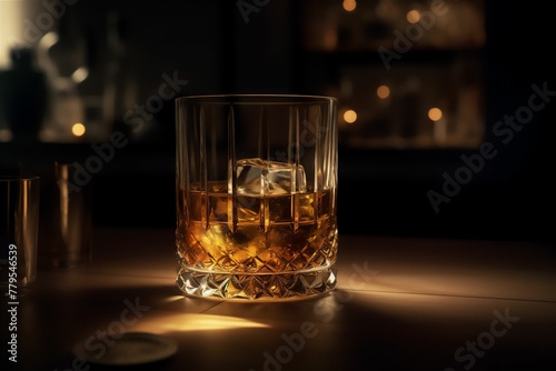 AI generated illustration of a whisky glass with ice cubes on a wooden surface