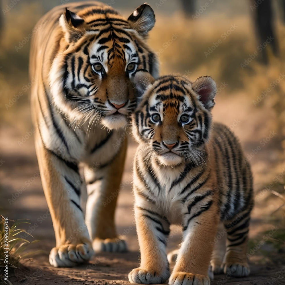 AI generated illustration of two Bengal tigers in a savannah