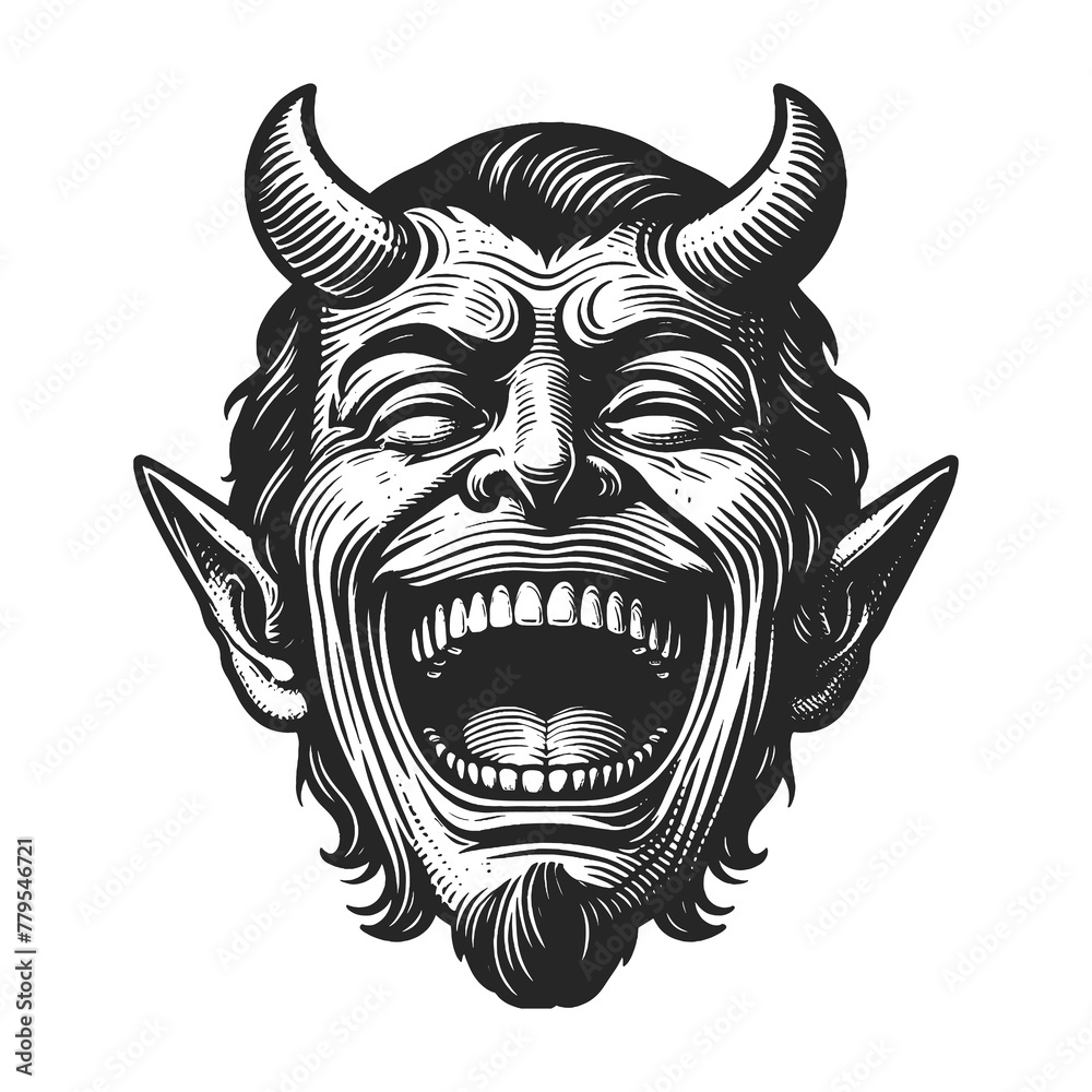 Devil devilish figure laughing with horns and a mischievous expression sketch engraving generative ai fictional character raster illustration. Scratch board imitation. Black and white image.