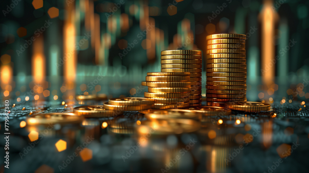 Pile of gold coins on a dark background with a glowing effect, and a ...