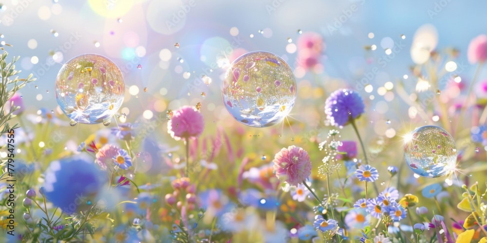 Transparent bubbles reflecting a dreamscape over a field of wildflowers in sunlight. Transparent bubbles reflecting a dreamscape over a field of wildflowers in sunlight.