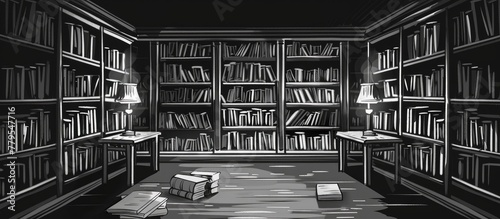 A monochrome photograph of a building filled with shelves of books. The furniture is made of dark wood, with a door and window visible in the background photo