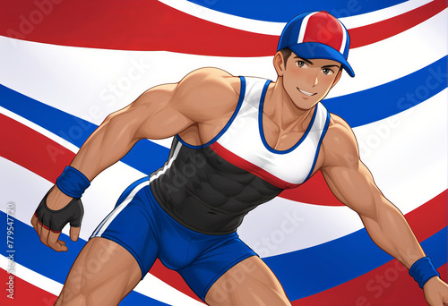 An animated, muscular male character in athletic attire, exuding confidence against a stylized American flag backdrop, ideal for sports events and Independence Day promotions