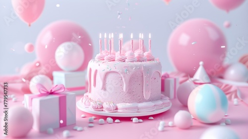 Pastel pink themed birthday celebration setup with a cake  balloons  and gifts in a soft setting.