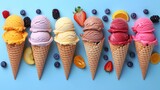 Assorted Ice Cream Cones with Fresh Berries on Blue