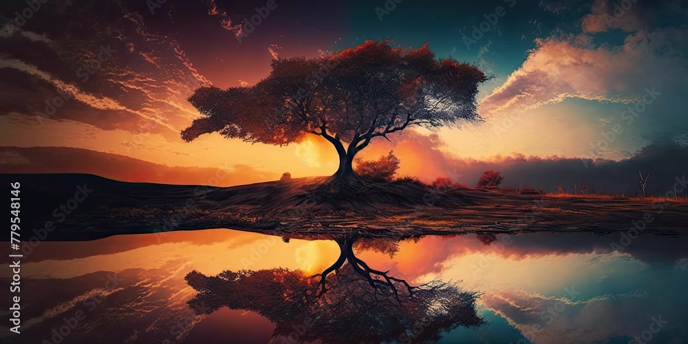 AI generated illustration of a scenic view of a large tree situated atop a mountain - obrazy, fototapety, plakaty 
