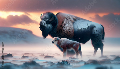 for advertisement and banner as Prairie Prowess A bison stands strong on the prairie a symbol of resilience and strength. in Pet Behavior theme  Full depth of field  high quality  include copy space o