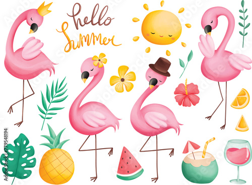 Watercolor Illustration Set of Pink Flamingos and Summer Elements