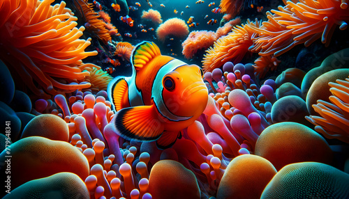 for advertisement and banner as Reef Resilience A clownfish among coral reefs highlighting the resilience of marine ecosystems. in Pet Behavior theme ,Full depth of field, high quality ,include copy s photo