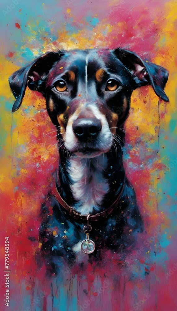a dog with a collar on a colorful background canvas print