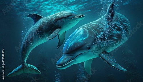 AI-generated illustration of two playful dolphins swimming side by side in ocean water. © Wirestock