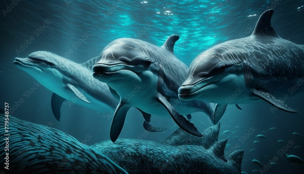AI-generated illustration of three playful dolphins swimming side by side in ocean water.