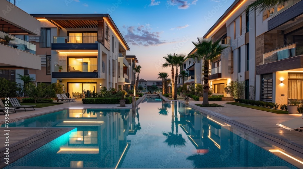 Luxurious condo at dusk, its lights reflecting on a tranquil pool, offering a serene accommodation option
