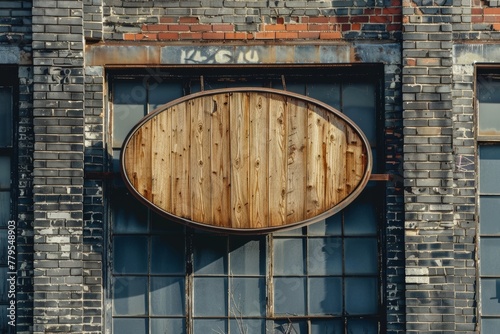 Blank wooden store sign on a vintage brick wall - customizable mockup photo