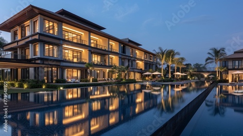 Luxurious condo at dusk, its lights reflecting on a tranquil pool, offering a serene accommodation option © Paul