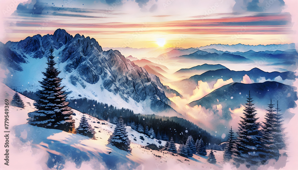 Photo real as Alpine Glow A watercolor sunrise over snow capped mountains. in nature and landscapes theme ,for advertisement and banner ,Full depth of field, high quality ,include copy space on left, 