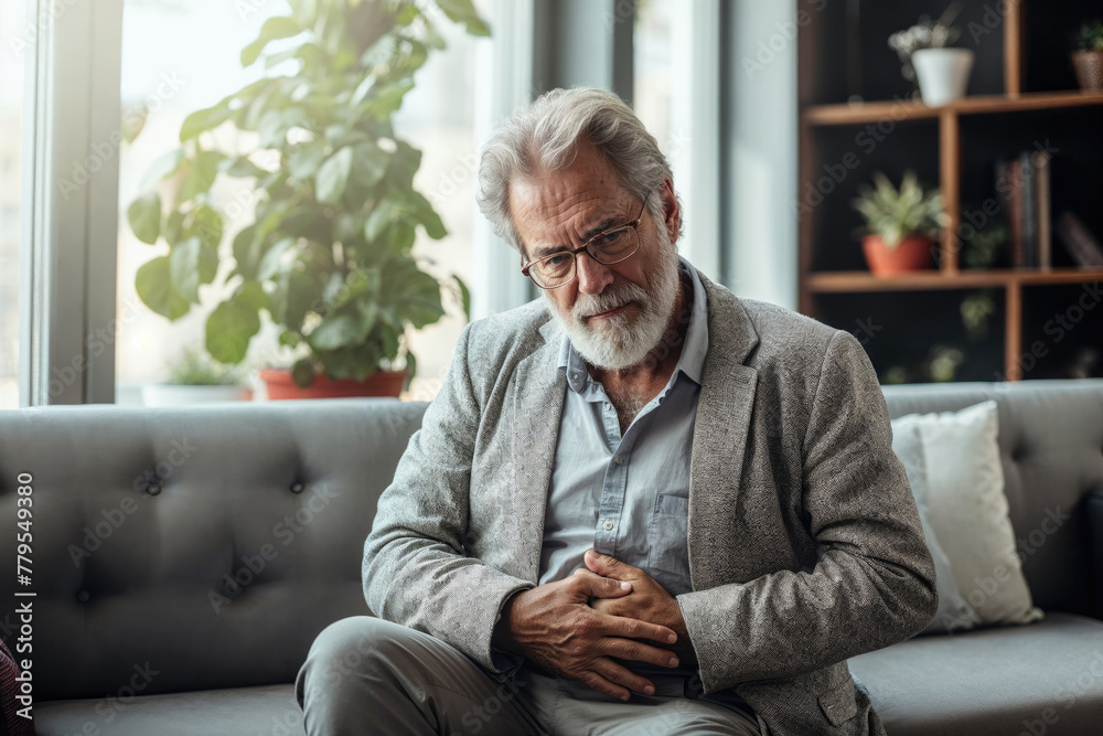 Senior Man Contemplating Alone on a Sofa at Home Senior Man Contemplating Alone on a Sofa at Home