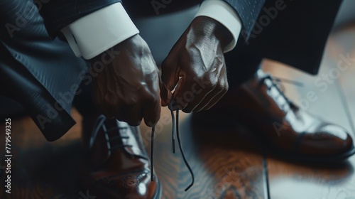 Focused view on a businessman's hands as he ties his shoe laces, capturing a moment of meticulous care in his morning routine