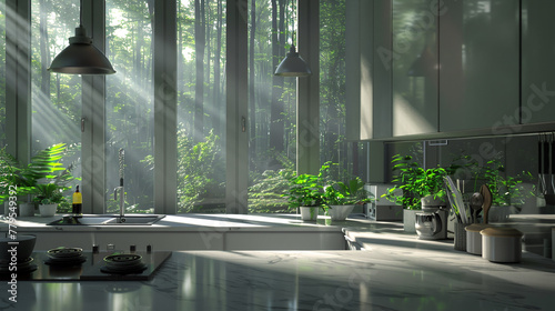 Soft and light minimalist interior, inspired by nature and forests   photo