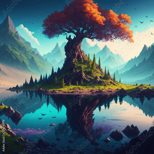 Fantasy Landscape With Mountains and Trees