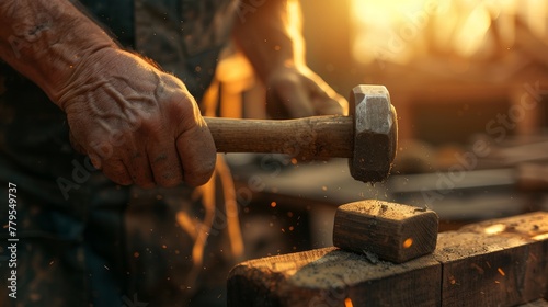 Close-up of a skilled artisan's hand wielding a hammer, detailed textures of the tools against the backdrop of a sunlit workshop photo