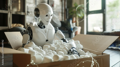 A friendly-looking white humanoid robot emerges from its box in the living room of a house. It's a new robot designed for household tasks and represents the future of home robotics photo