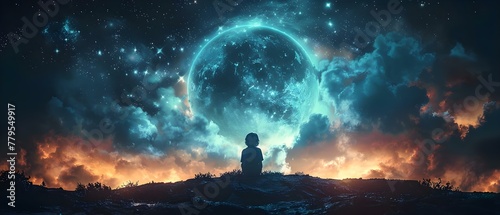 Child looks out window at night sky filled with dreams and ideas. Concept Child's Imagination, Night Sky, Dreamy, Contemplative Mood, Window View