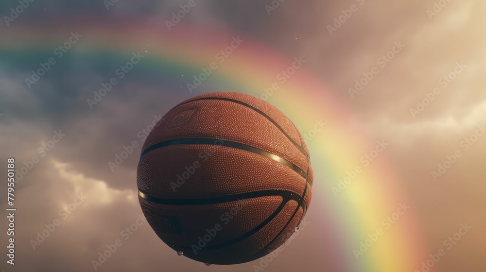 AI-generated illustration of a basketball in the air against a cloudy sky with a rainbow on it
