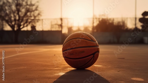 AI generated illustration of a basketball at a court in a playground during the sunset © Wirestock