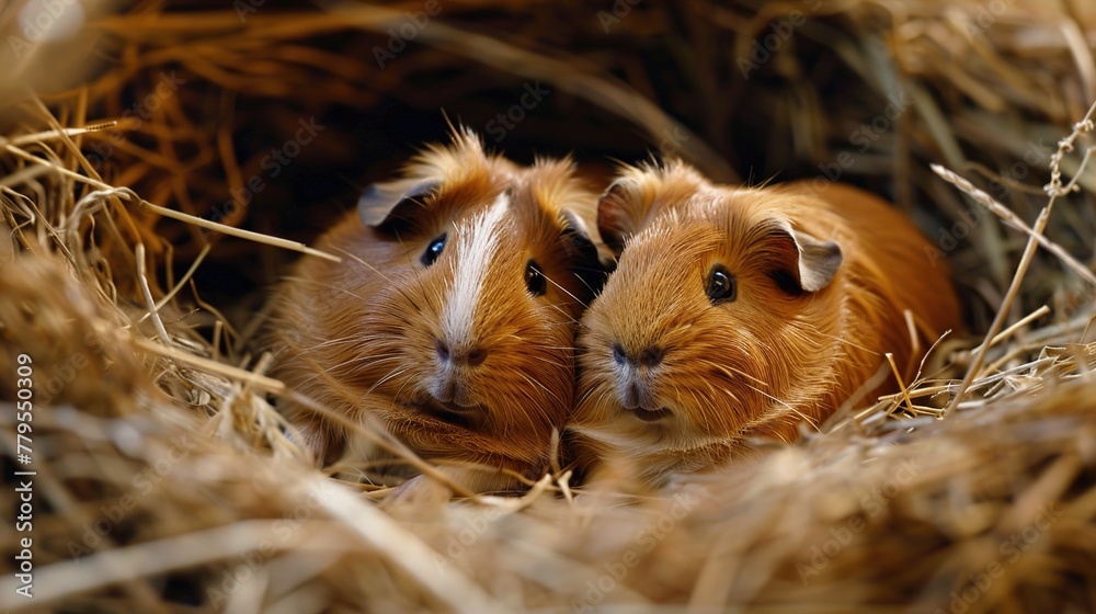 A pair of guinea pigs snuggled together in a cozy nest of hay, their noses twitching with affection and warmth. A pair of guinea pigs snuggled together in a cozy nest of hay, their noses twitching with affection and warmth.