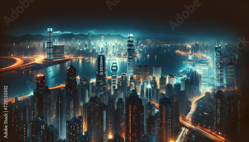 Photo real as City Lights The urban skyline shimmering at night a testament to human ingenuity. in nature and landscapes theme ,for advertisement and banner ,Full depth of field, high quality ,include #779550302